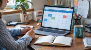 A freelancer reviewing a weekly schedule on a digital calendar, surrounded by notebooks and a coffee mug in a home office