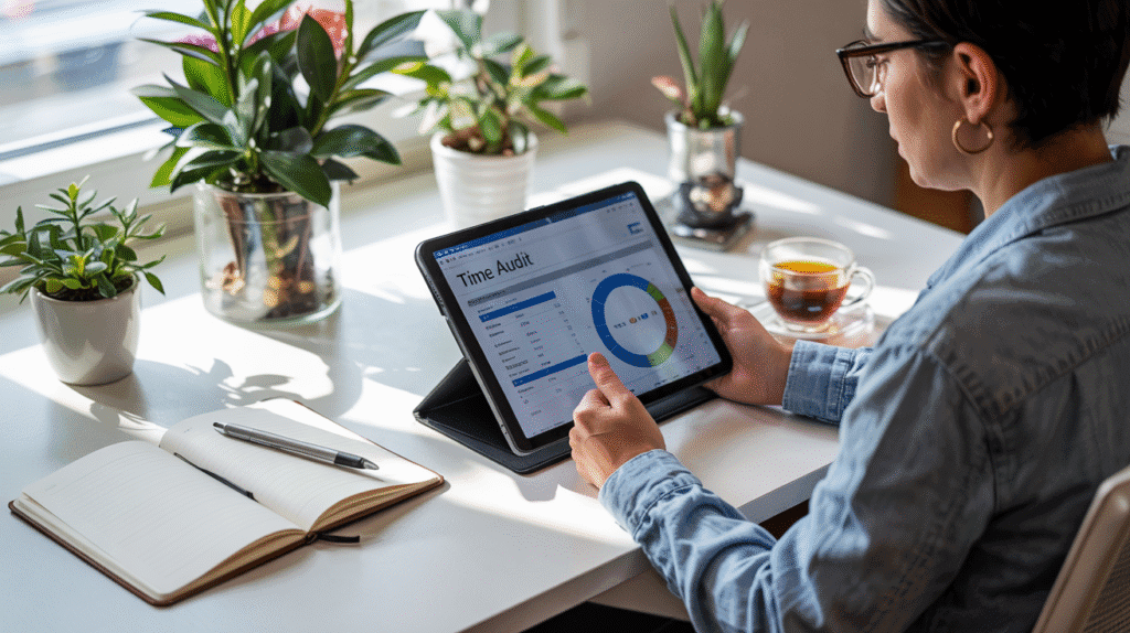 A person reviewing a weekly time audit report on a tablet, notebook and coffee nearby