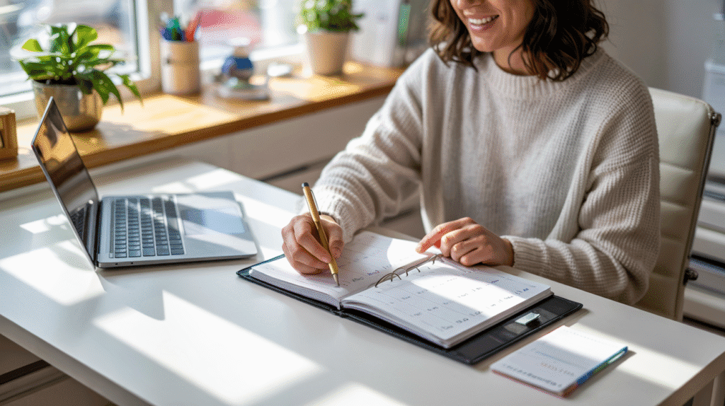 A person sitting peacefully at a desk, smiling while updating their monthly planner with colorful pens and a clean workspace