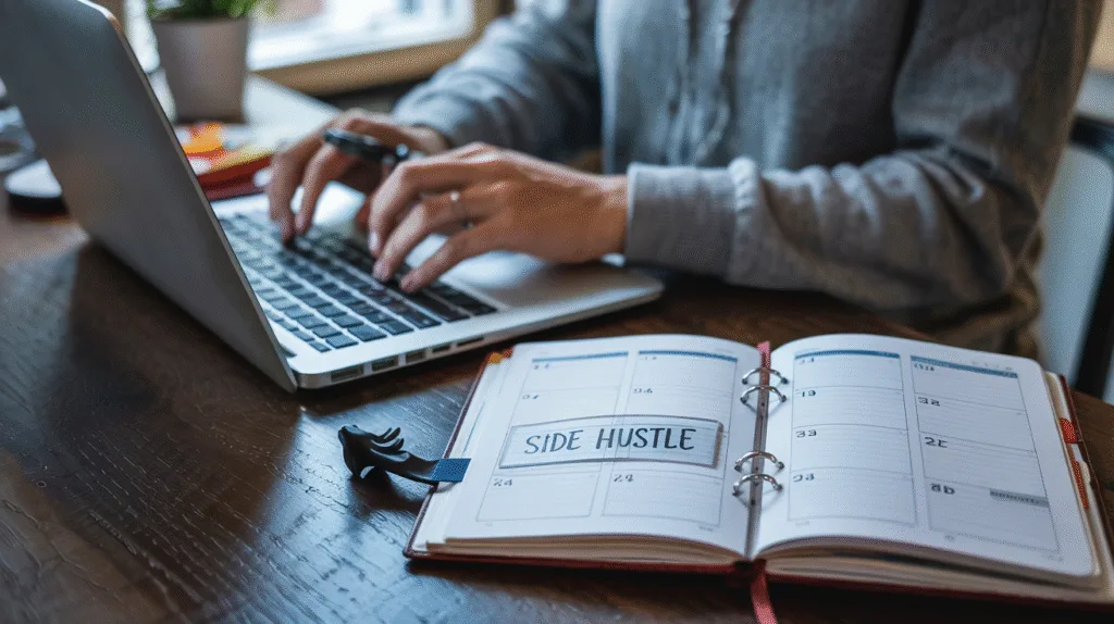 A person working on a laptop at night with a planner open, showing a time block labeled “Side Hustle,” soft lighting