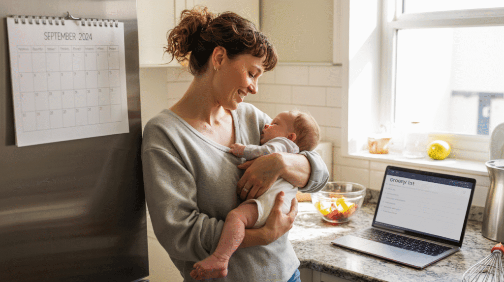 Parent multitasking in kitchen with baby, calendar, and laptop.