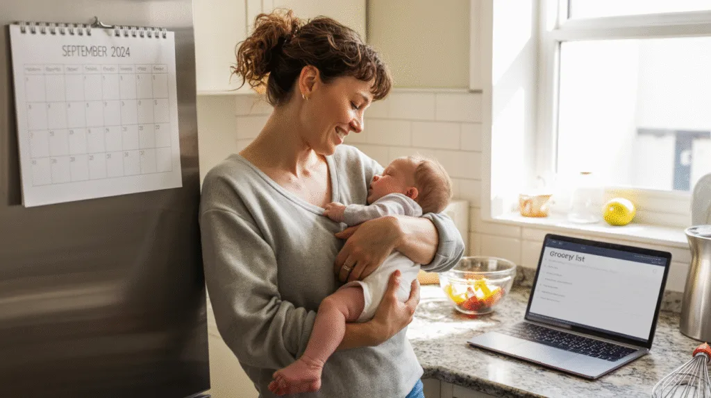 Parent multitasking in kitchen with baby, calendar, and laptop.