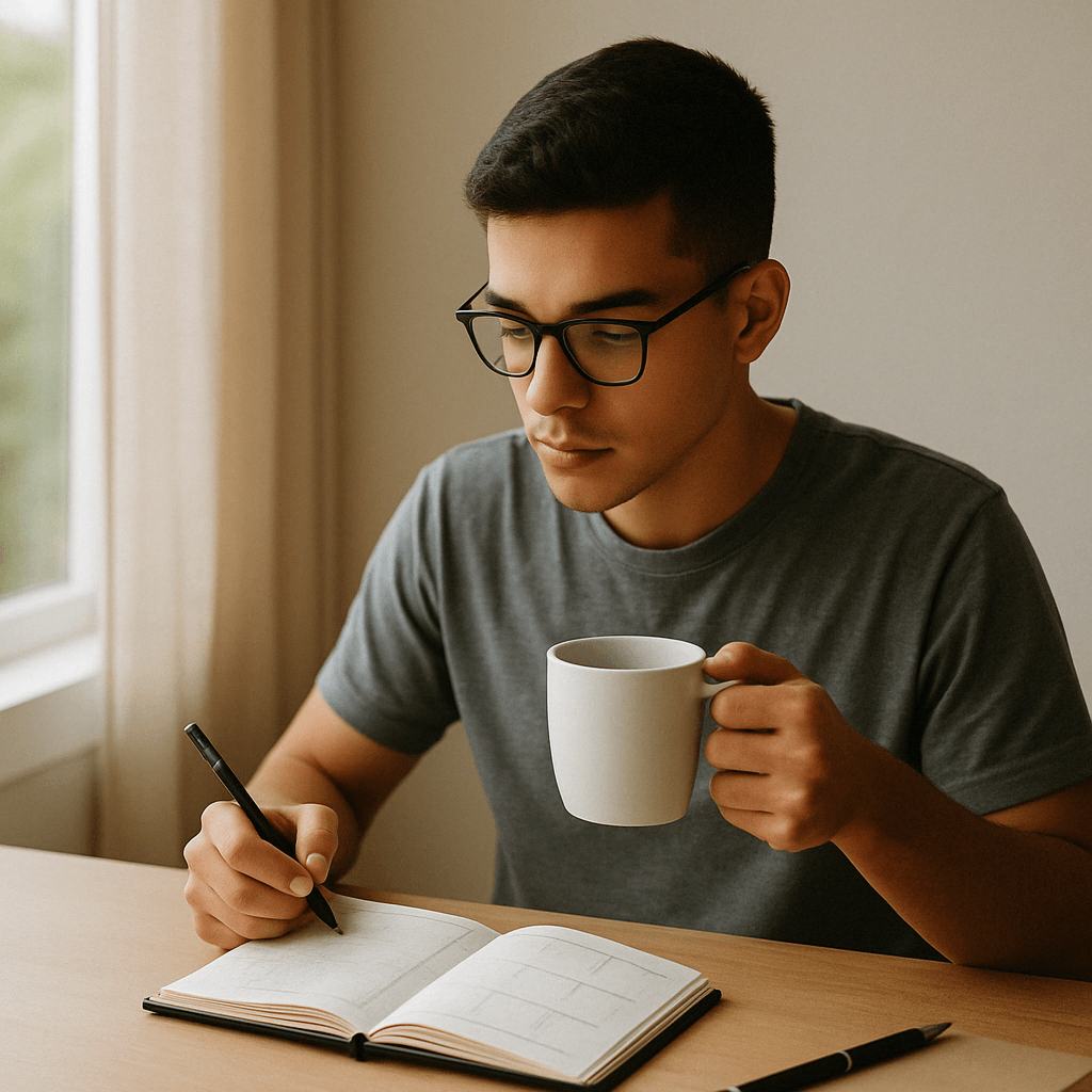A student at a desk reviewing a short paper planner with coffee in hand, soft daylight streaming in, symbolizing a calm start to a productive day.