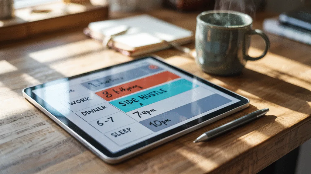 A calendar showing blocked hours for work, meals, rest, and a one-hour evening block labeled “Side Hustle.”