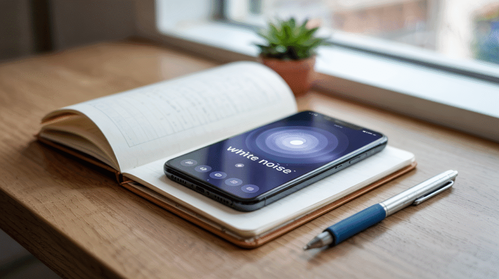 A phone showing a white noise app playing, resting next to a notebook and pen on a quiet study desk