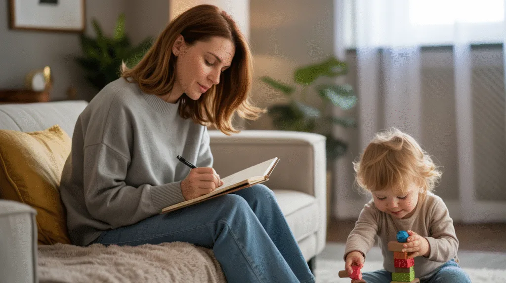 Parent using a short break to journal while toddler plays.

