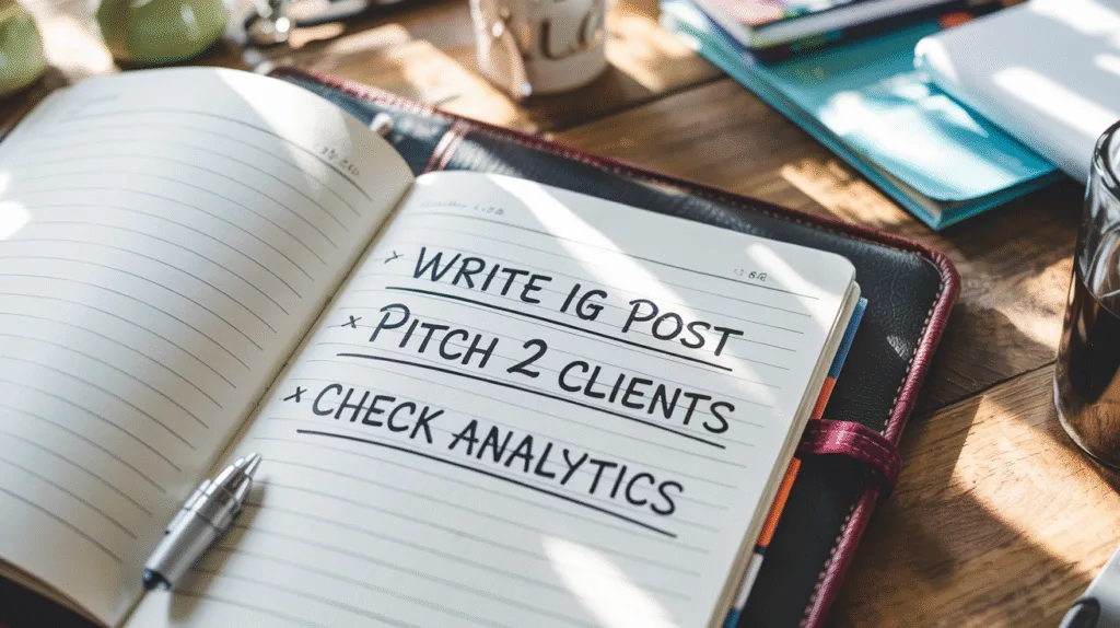 A notepad with three clear bullet points: “1. Write IG post,” “2. Pitch 2 clients,” “3. Check analytics.”