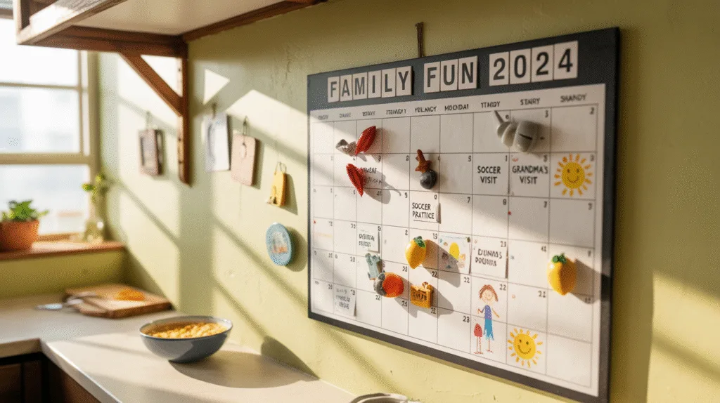 Color-coded family calendar filled with weekly plans.