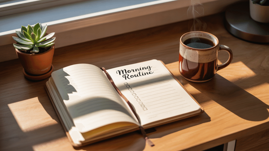 A desk with a checklist and coffee cup, symbolizing building new habits through routine stacking.