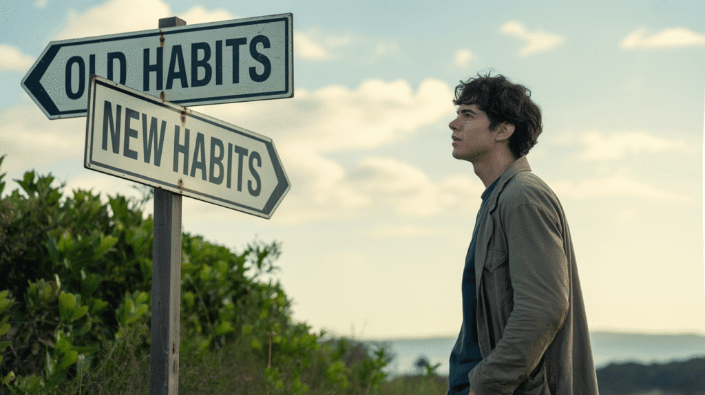 A person choosing between old habits and new habits at a crossroads, symbolizing positive change