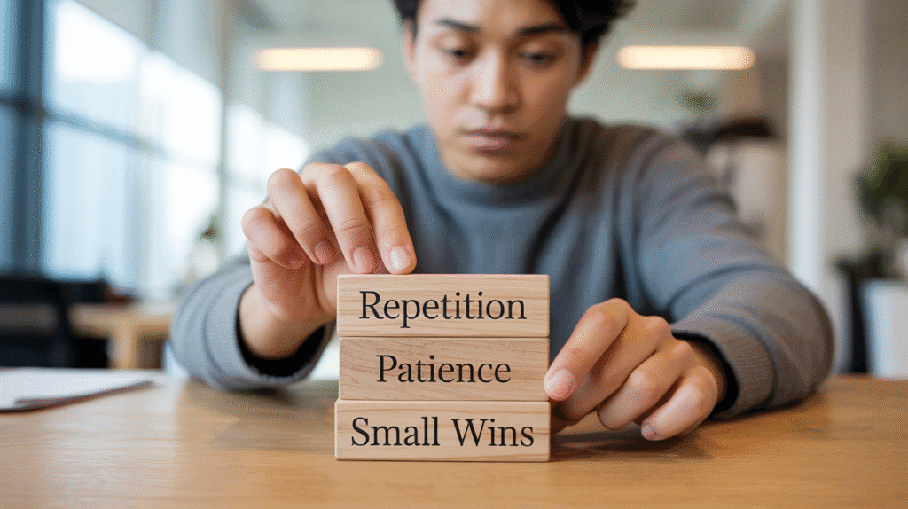 A person stacking wooden blocks representing different aspects of habits like 