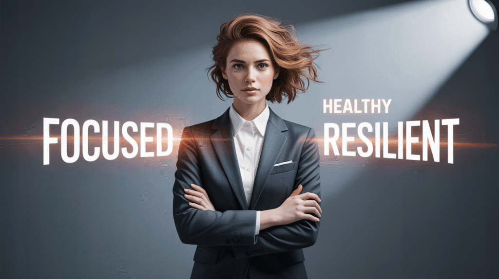 A person standing strong surrounded by positive identity words, symbolizing identity-based habits