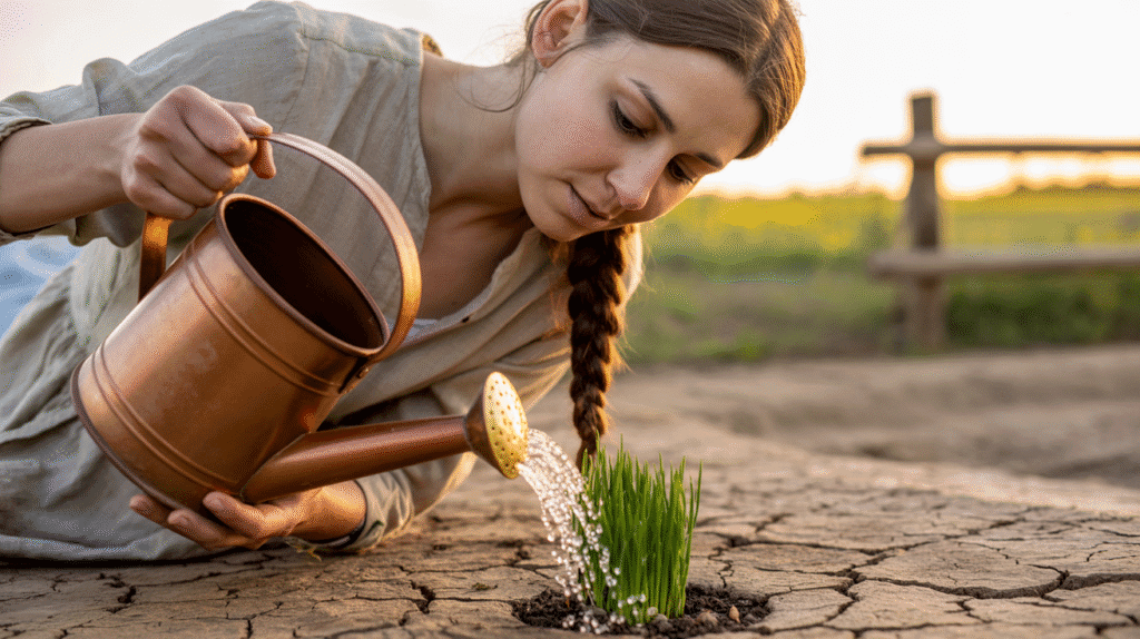 A person watering a tiny plant sprouting from dry soil under bright sunlight