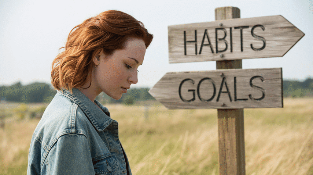 A person deciding between habits and goals at a symbolic crossroads