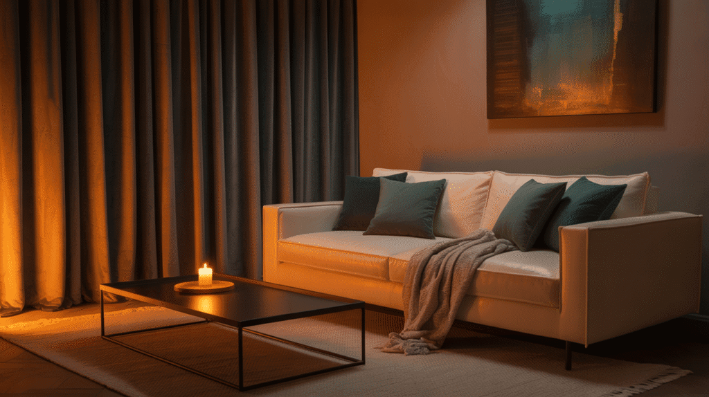 Cozy modern bedroom at night with soft lighting and heavy curtains closed
