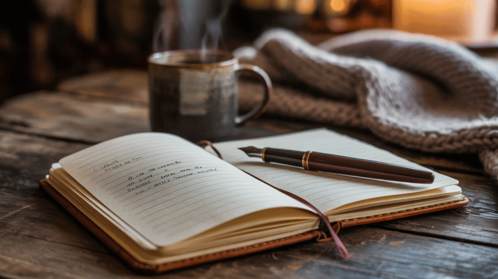Notebook with casual journaling in a cozy setting.