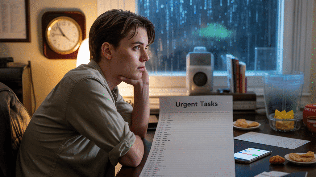 Person distracted at desk with a long to-do list, illustrating the psychology of procrastination