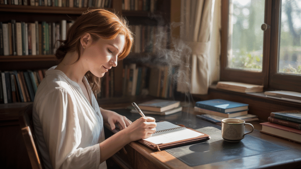 Person gently restarting a habit in a relaxed setting.