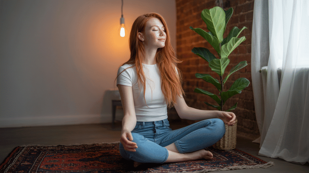 Person meditating peacefully in a cozy indoor corner.