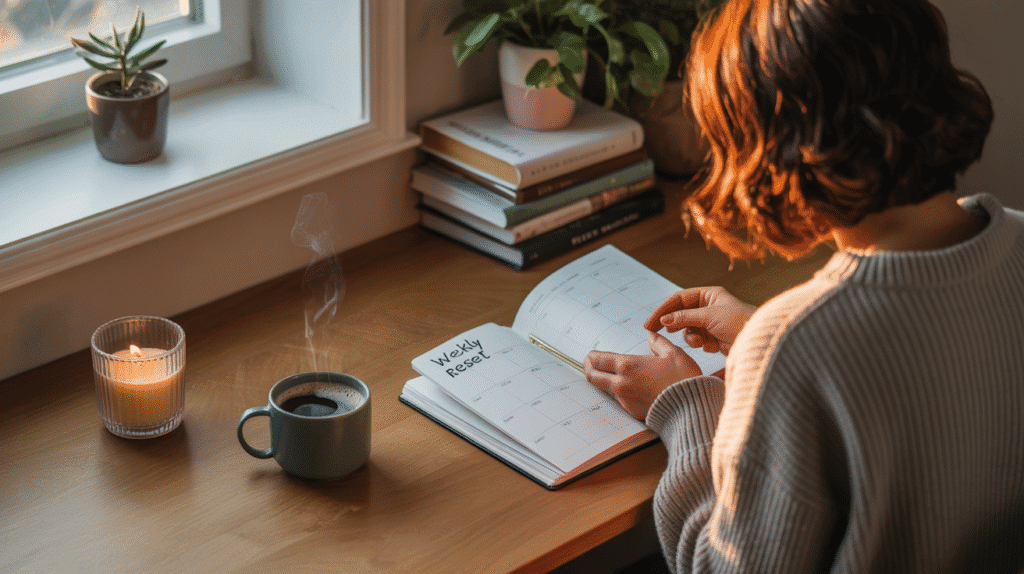 Person planning calmly with coffee and candle on Sunday.