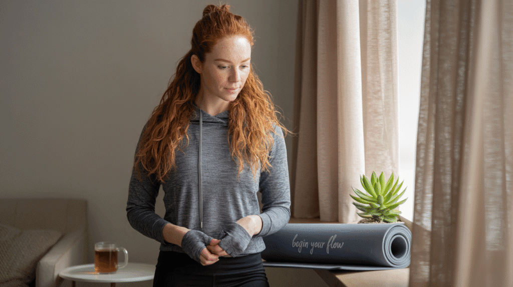 Person starting simple home workout in calm space.