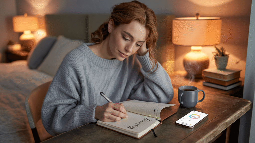 Person using journal and habit tracker in cozy space.