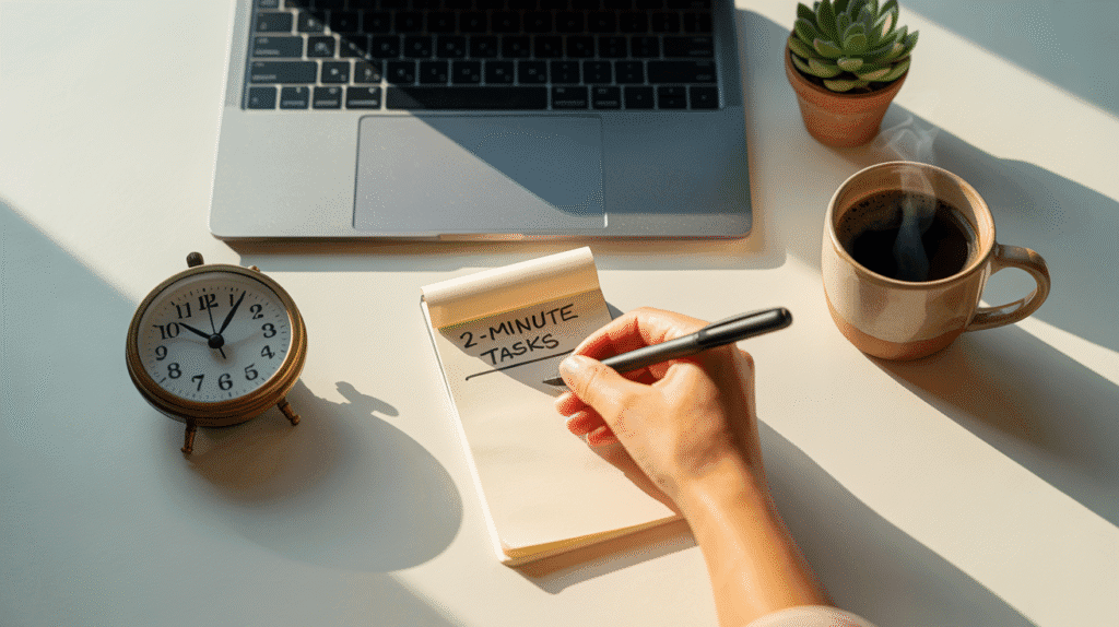 Person writing a quick task under the 2-minute rule at a minimalist, productive workspace.
