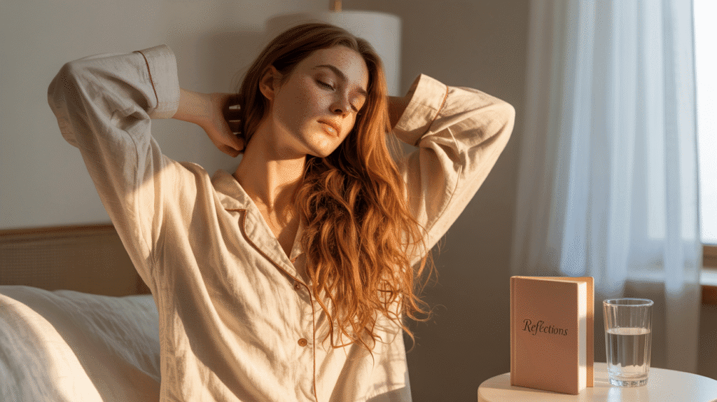 Person waking up peacefully at dawn with sunlight.