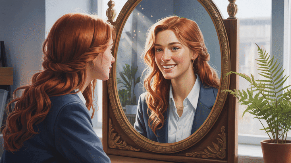 A person looking into a mirror and seeing a stronger, healthier future version of themselves reflected