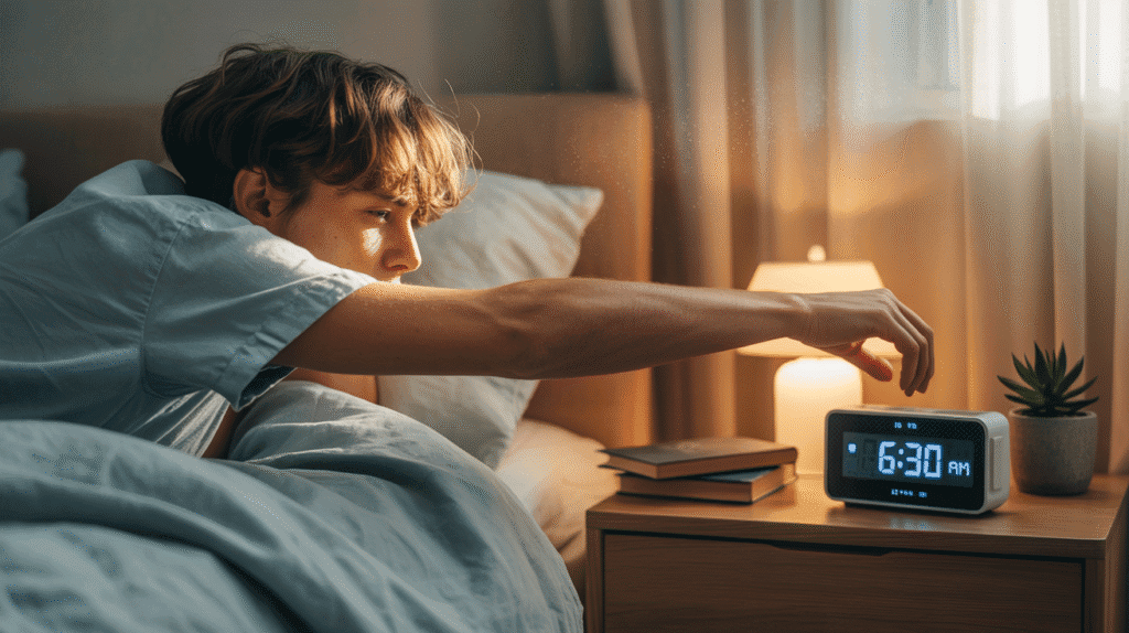 A sleepy person reaching toward a distant alarm clock on a nightstand across the room