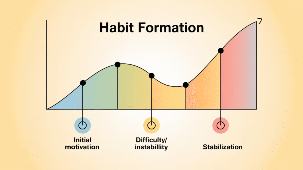 An illustrative graph showing the stages of habit formation: initial motivation, difficulty/instability, and eventual stability.
