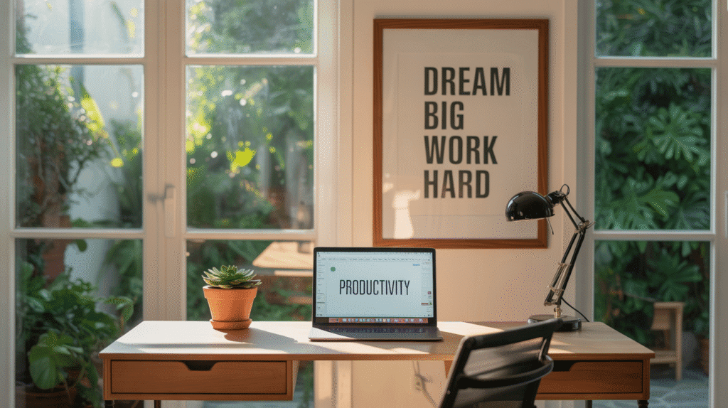 An inviting, minimalistic home office with a clear desk, motivational poster, and natural light
