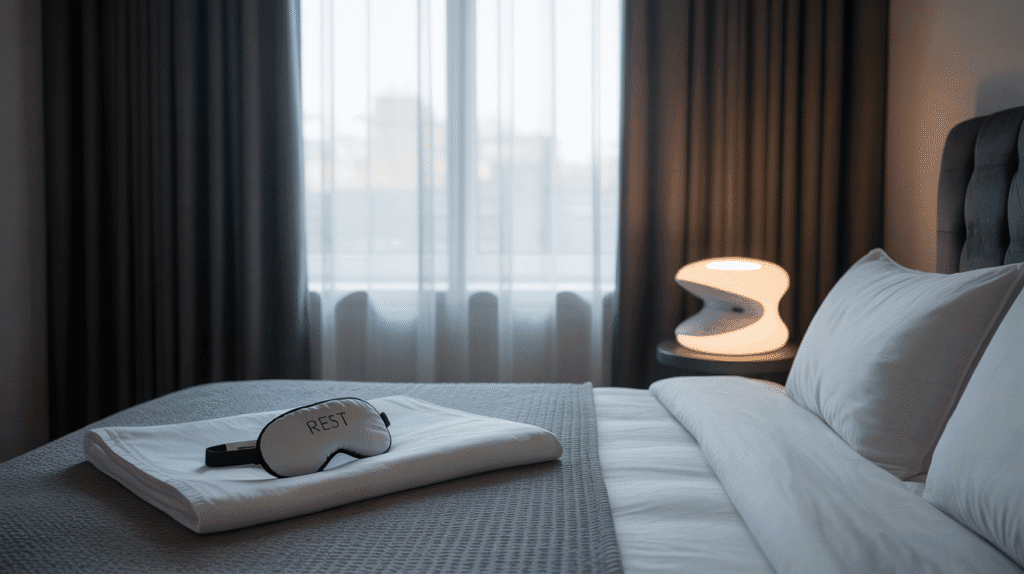 Daytime sleep setup with blackout curtains and eye mask.
