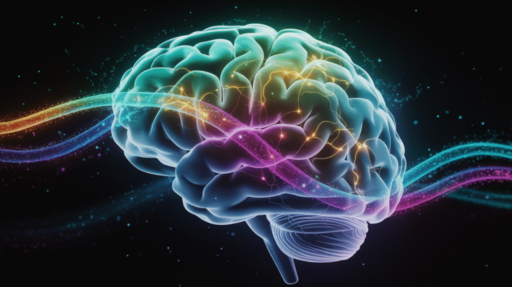 Illustration of a brain with highlighted neural pathways forming connections