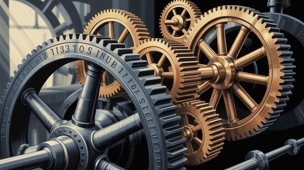 Illustration of small gears turning a large machine wheel, symbolizing tiny actions driving big changes