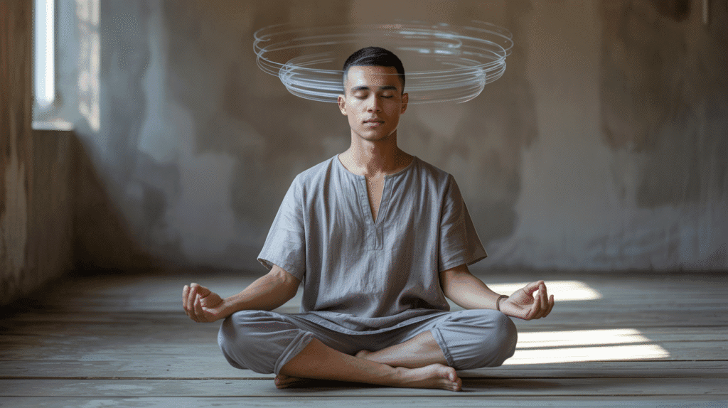 Meditator with thought distractions softly illustrated.
