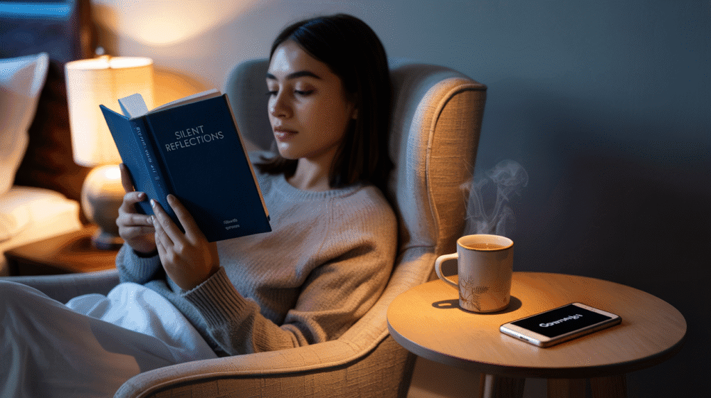 Night routine with tea, book, and calming light.
