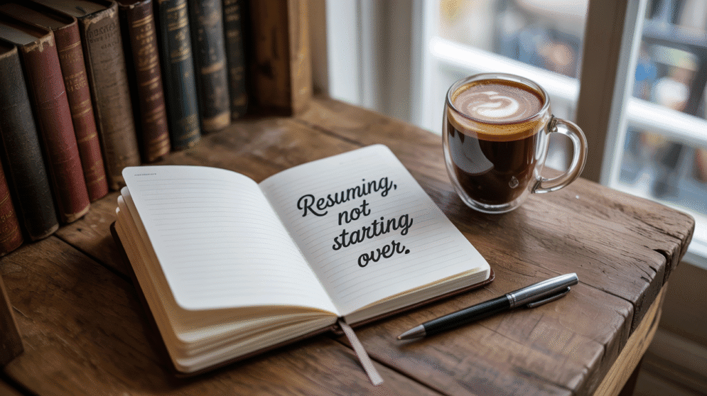 Notebook with the phrase “Resuming, not starting over.”
