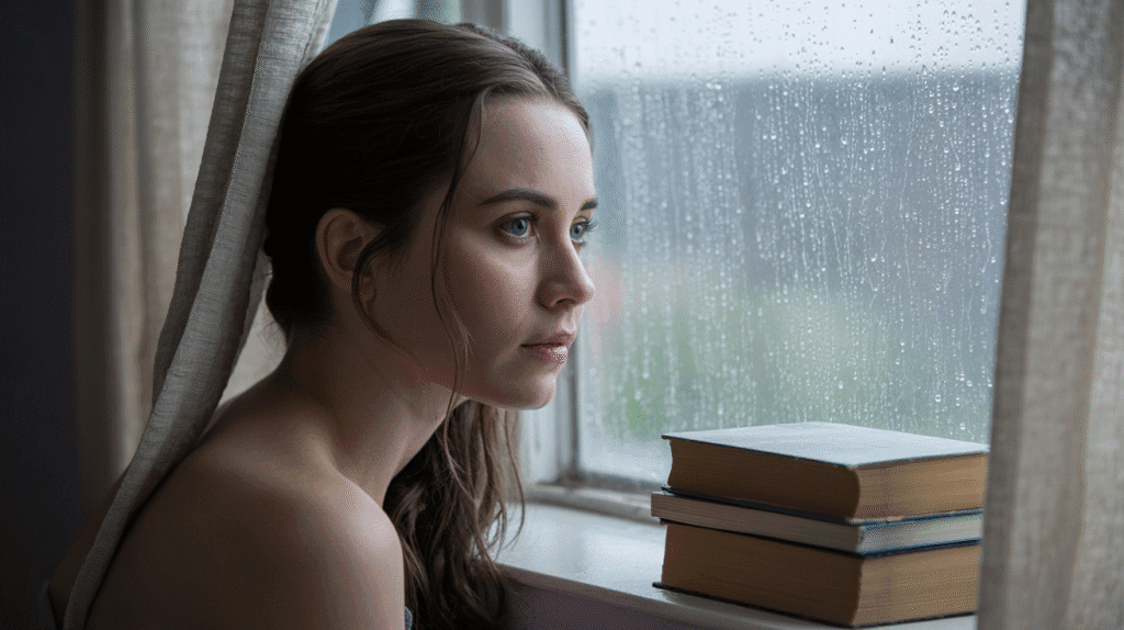 Person quietly reflecting during emotional burnout.
