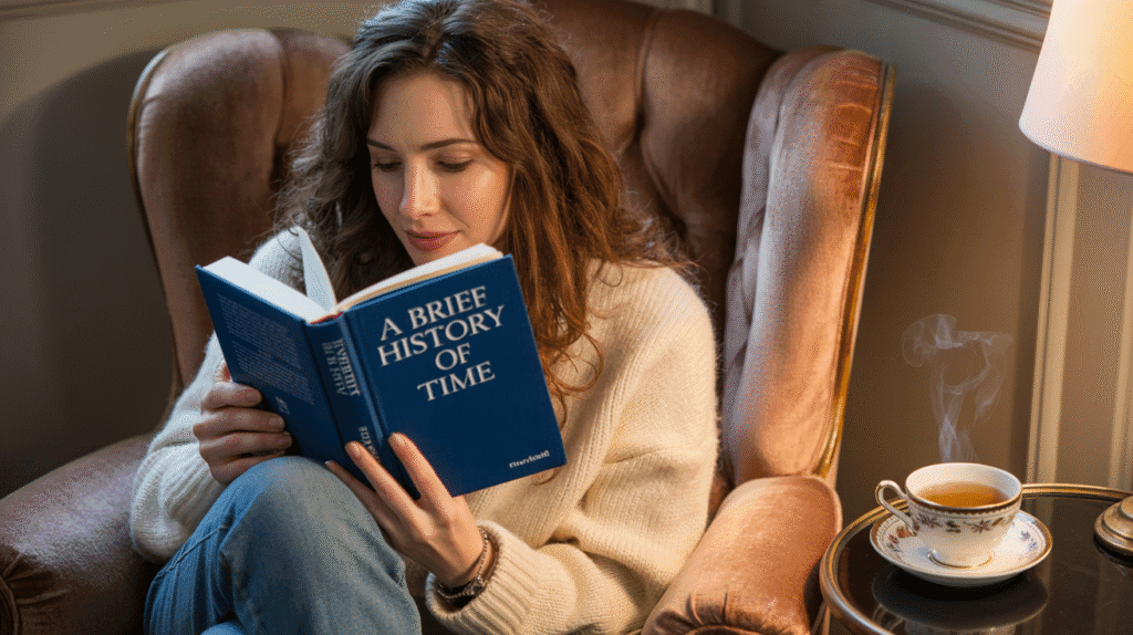 Person relaxing at night reading a physical book in a cozy chair with dim lighting and a cup of tea nearby