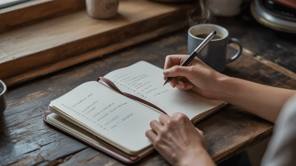 Writing short bullet-style journal entry on desk.
