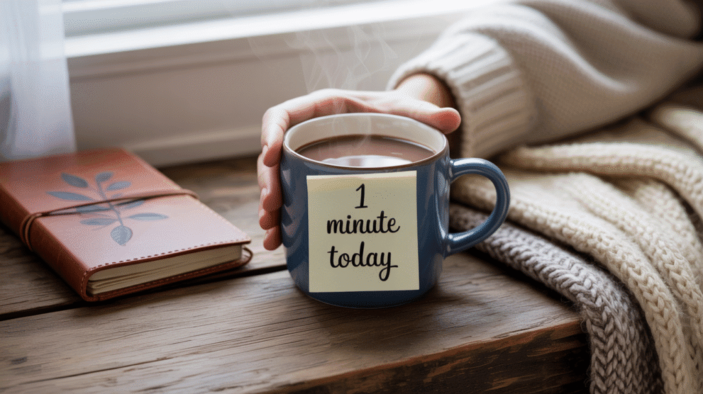 “1 minute today” note with journal and warm mug.