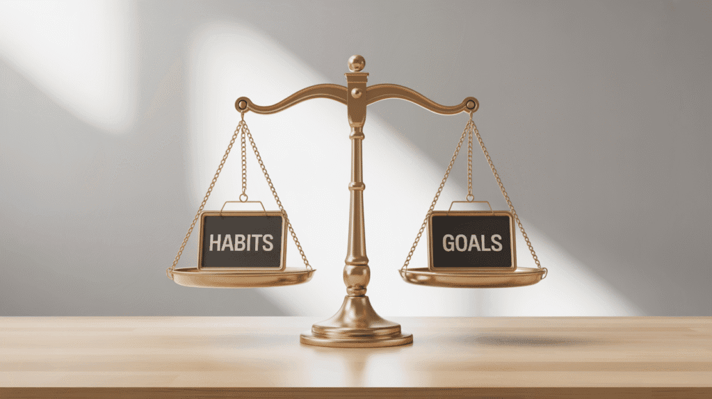 A balanced scale with the words 