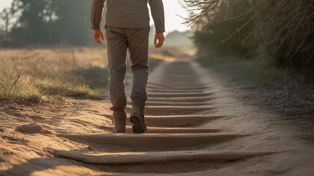 A person walking along a dirt road with invisible traps representing psychological pitfalls in habit formation.