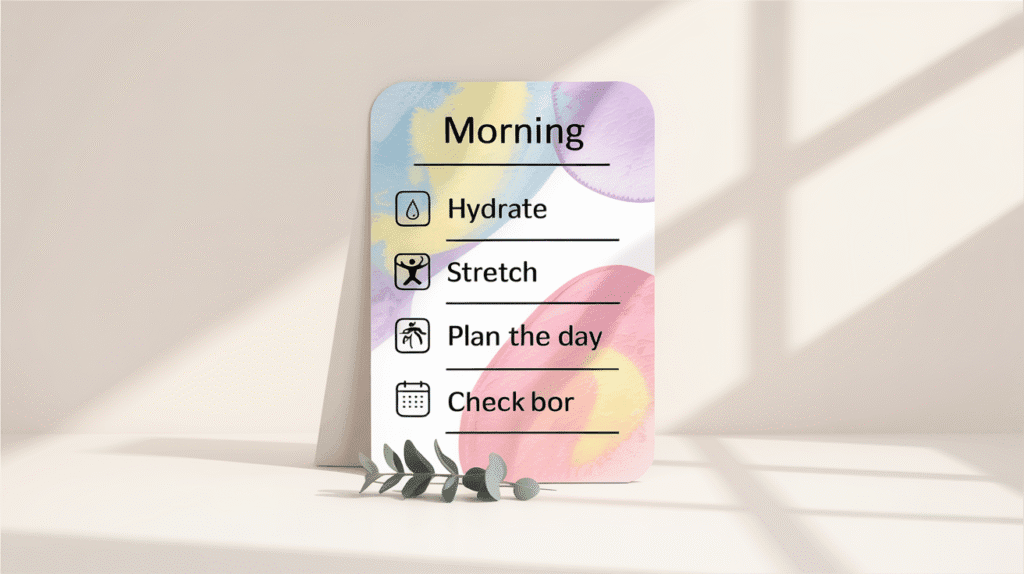 A simple morning checklist with just a few calming activities like hydrate, stretch, and plan day