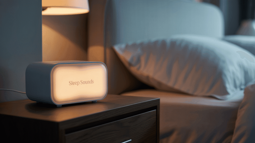 Close-up of a white noise machine beside a bed creating a calm and cozy sleeping environment