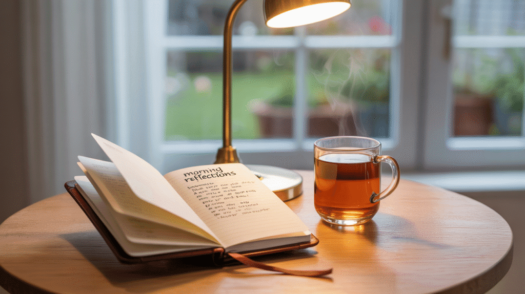 Early morning table with journal, tea, and soft light.