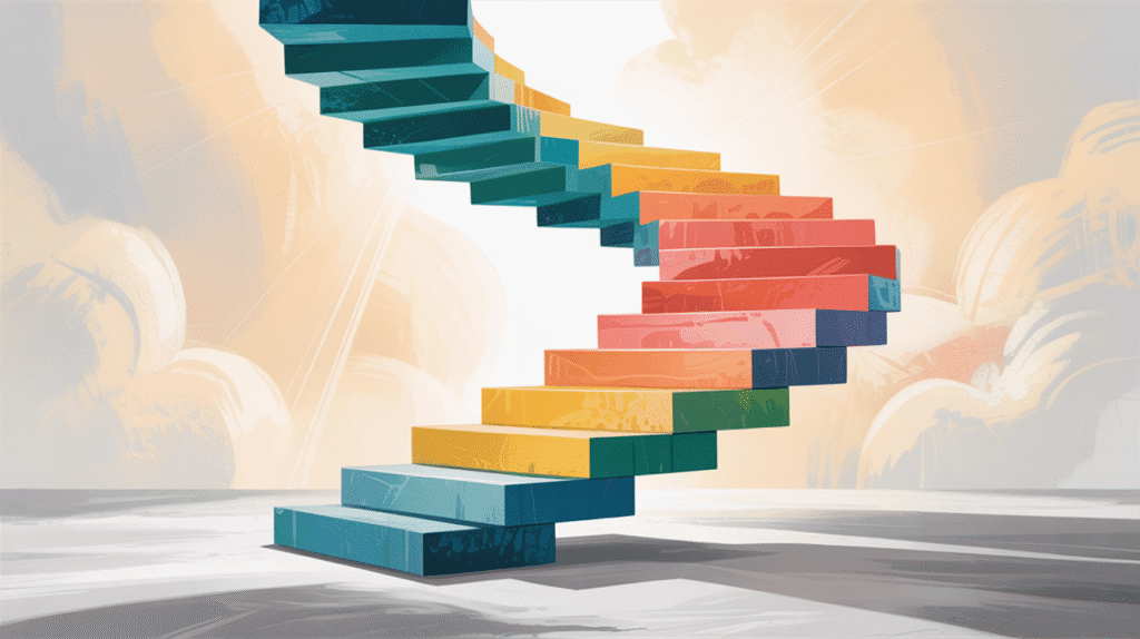 Illustration of a staircase built from many small building blocks, symbolizing slow but steady progress