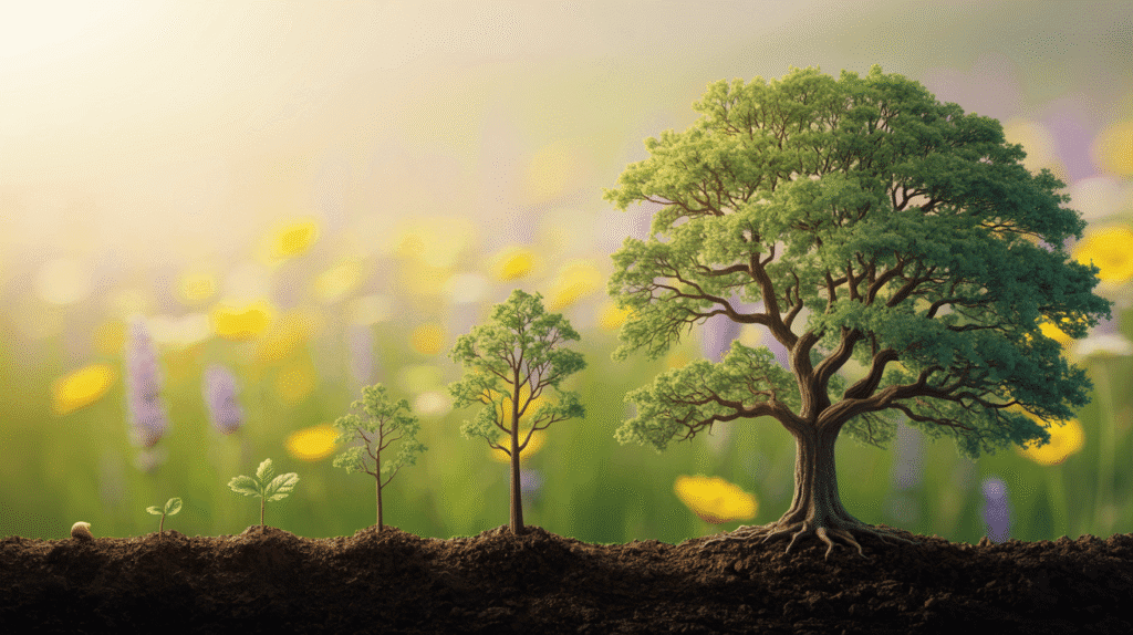 Illustration of small seedlings growing progressively into a large, thriving tree
