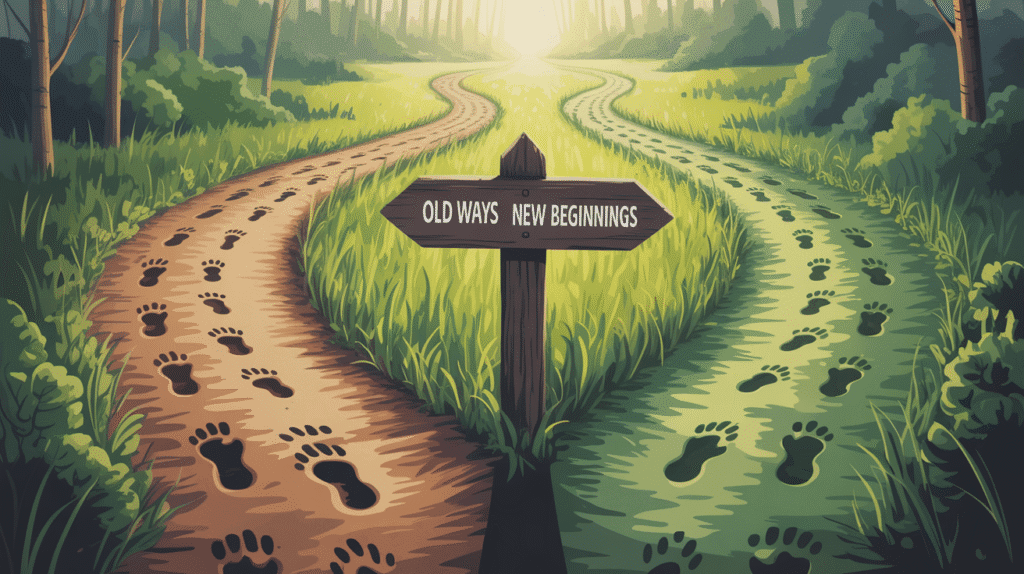 Illustration of two diverging paths — one well-trodden, one fresh and new